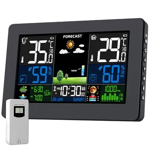 Estación Meteorológica para Casa con Sensor Digital, Pantalla a Color Reloj Hora Temperatura Humedad Pronóstico del Tiempo Barómetro Termómetro Higrómetro Negro