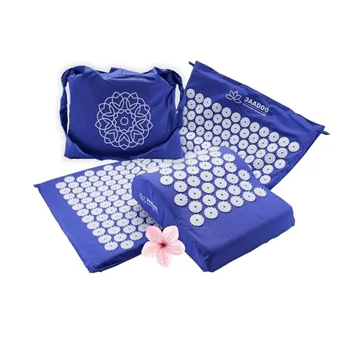 Esterilla de acupresión con cojín, perfecta para principiantes (la espuma viscoelástica se adapta) – Relajación pura – Funda 100% algodón – Esterilla de presión con batería azul