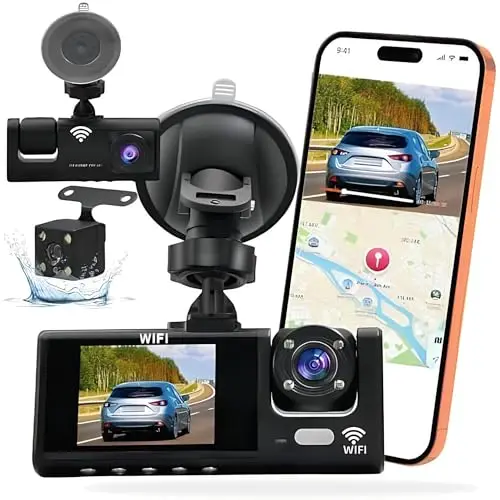 Cámara Dashcam 3 cámaras 1080P Full HD | Seguridad máxima 360° sin ángulo muerto, visión nocturna y estacionamiento vigilado, WiFi integrada detección de movimiento, ideal para conductor VTC