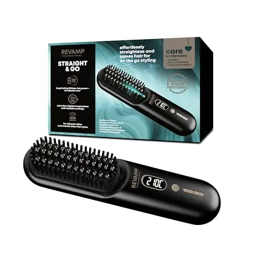 REVAMP Straight & Go Cepillo Alisador Inalámbrico - Plancha de pelo portátil con iones, dientes cerámicos, carga USB-C, 60 min de uso - Cepillo térmico de viaje para cabello y barba