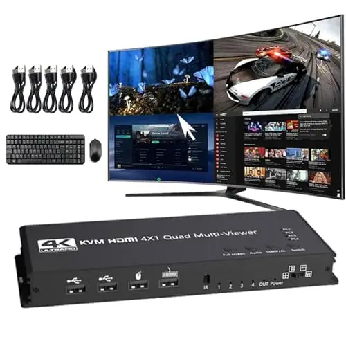 4K HDMI KVM Switch 4x1 Quad Multi Viewer 4 en 1 Out KVM HDMI Processor Screen Multiviewer Seamless for 4 PC Share Mouse Keyboard
