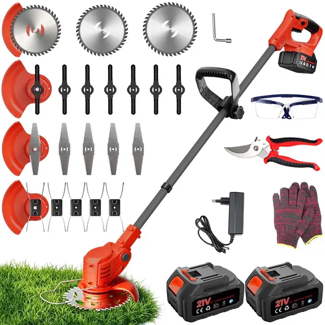 Desbrozadora a Bateria, Cortabordes Electrico 4 en 1, 850W 2 Baterías 4000 mAh, 4 Tipos de Cuchillas con Cabezal Giratorio de 90° para Recortar Fácilmente Rápido Césped y Arbustos