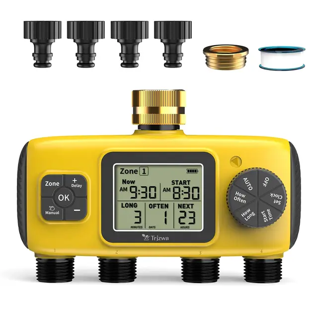 4 Entradas de Agua Programador Riego Automático, Controlador de Entrada de Latón Riego de Jardín Inteligente con Pantalla LCD, Retardo de Lluvia, IP65 Impermeable,Apto para Patios y Jardines