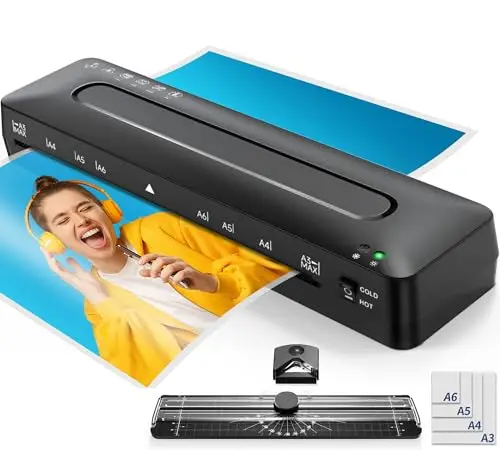 Plastificadora A3 Máquina de Laminadora - 5 en 1 Plastificadora A3 y A4 con Guillotina A3 A4 A5 A6 en A3 Plastificadora Modo Frío y Caliente, Redondeador de Esquina y Bolsas para Colegio Oficina Hogar