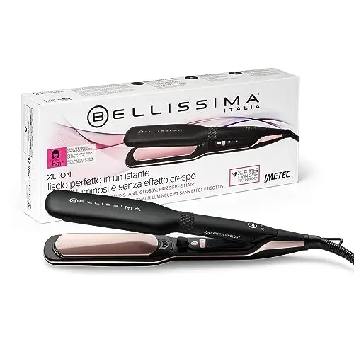 Bellissima XL ION Plancha de Pelo, Plancha Ancha, Ionizador, Calor Constante, Revestimiento Cerámico y Queratínico, 5 Temperaturas de 150 A 230°C, Calentamiento Rápido, Cable de 1.8 m