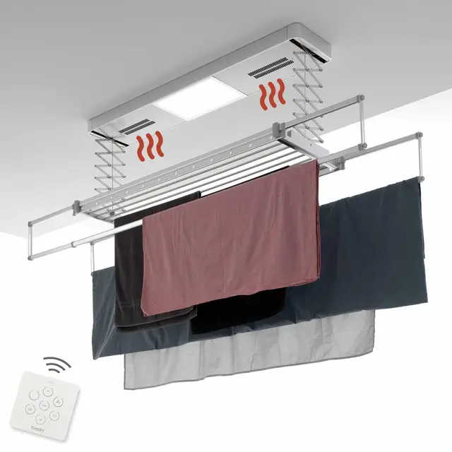 foxydry Pro Tendedero de techo con calefacción, control remoto con ventilación caliente en aluminio y acero para sábanas 160 x 52 x 30 cm (150)