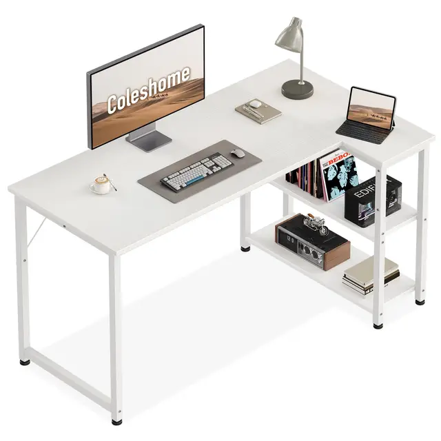 Coleshome Escritorio Esquinero, 120x70cm Escritorio en L Reversible, Mesa Escritorios con Estantería Baldas de Altura Regulable Escritorios Ordenador para Estudio y Oficina, Blanco