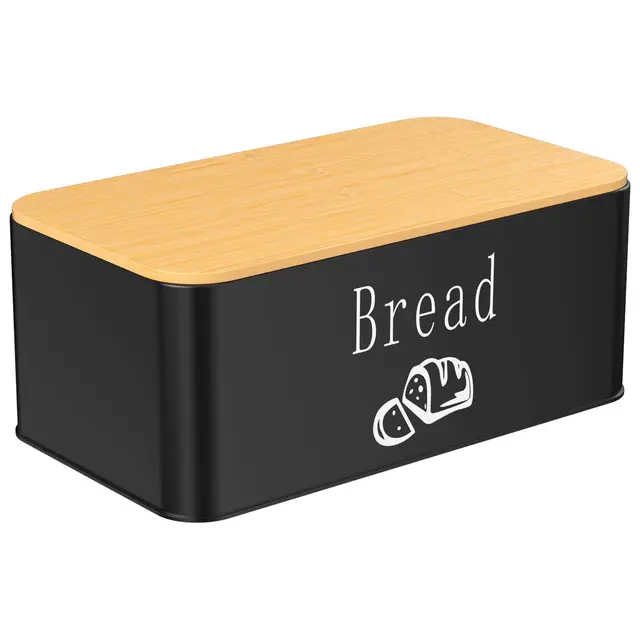 Panera para Pan, Paneras Diseño Vintage, 2 en 1 Panera de Metal, Caja de Pan con Tapa de Bambú Adaptable Como Tabla de Cortar, para Una Larga Frescura, 33 x 18,4 x 13 cm (Negro)