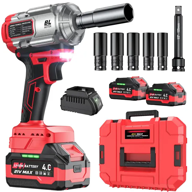 XIAZIR Llave de impacto a bateria 1200 N·m, pistola de impacto bateria, 21V 4.0Ah×2 baterías + cargador rápido, 3 velocidades + luz LED, incluye 5 vasos + barra de extensión + maletín