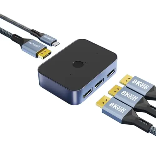 8K DisplayPort 1.4 Switch, DP Switcher 3 in 1 Out, 8K @60Hz 4K @144Hz Umschalter EIN-klickschalter Unterstützt Dolby Atmos, HDR, DTS, DSC, UHD für PC Monitor Laptop