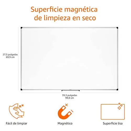 Amazon Basics Pizarra Blanca Magnética con Marco de Aluminio, Bandeja para Rotuladores, 6 Imanes, 1 Borrador y 2 Rotuladores para Uso en Oficina y Hogar, Montaje en Pared, Borrado en Seco, 90 x 60cm
