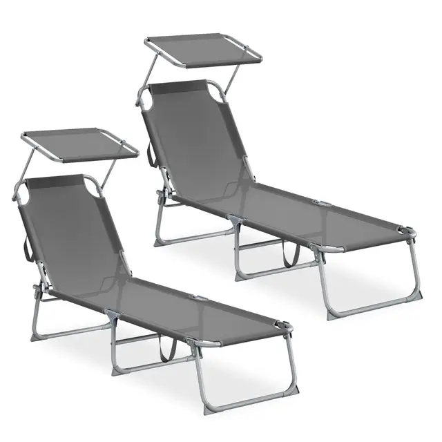 SONGMICS Tumbonas Plegables, 189 x 53 x 28,5 cm, Juego de 2 Tumbonas para Jardín, Cada Una con Carga 110 kg, con Parasol y Respaldo Ajustables, para Terraza y Balcón, Gris GCB294GZ02