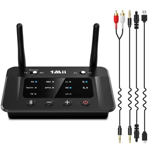 1Mii B03 Transmisor Receptor Bluetooth 5.3 para TV, Adaptador Emisor Audio Inalámbrico aptX LL HD, con Salida/Entrada Óptica/RCA/AUX, Doble Enlace a 2 Auriculares Bluetooth, Estéreo, Largo Alcance 70m
