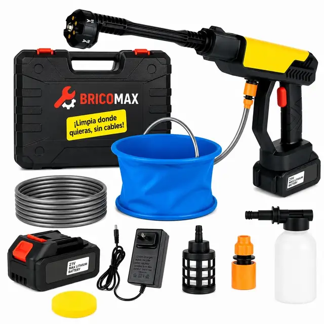 Hidrolimpiadora Batería Premium para Limpieza Alta PRESIÓN sin Cables 48V y Esponja - Pistola de Agua a Presión con Cubo Portátil - Hidrolavadora Portátil para el Coche, Jardín y Exteriores
