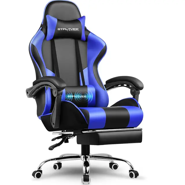 GTPLAYER Silla para Videojuegos, Silla de Oficina, Silla ergonómica para PC, sillón de Gaming con Soporte Lumbar de Masaje, sillas de Tarea con reposapiés y reposacabezas, Piel sintética Azul