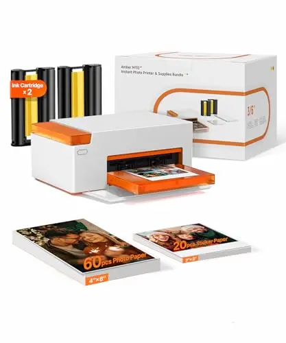 Liene Amber M110 Impresora de Fotos para Móvil Portátil con 60 Hojas 10x15 cm + 20 Adesivos 7.7 cm + 2 Cintas – Tecnología de Sublimación Térmica, Bluetooth, para iPhone y Android