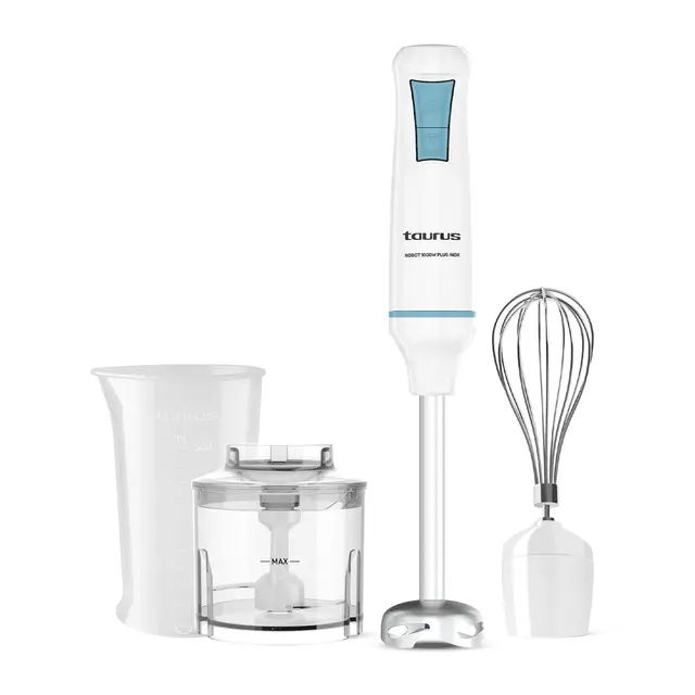 Taurus – Batidora de Mano Robot 1000 Plus INOX, 2 velocidades + Turbo, Cuchillas INOX, Campana Antisalpicaduras, Ergonómica, Libre de BPA, Apta Lavavajillas, con Accesorios