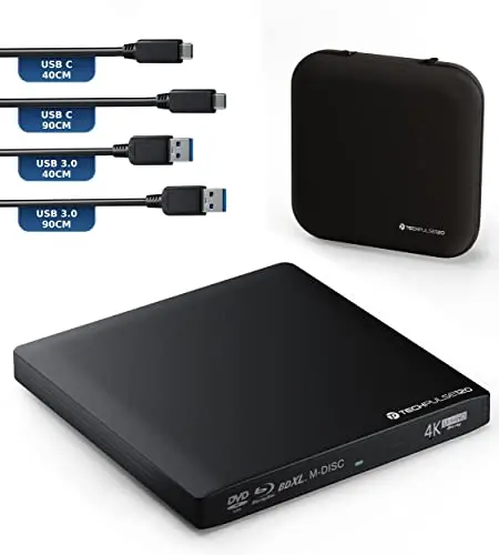 techPulse120 Grabadora de 4K UHD BLU-Ray Externa USB 3.1 USB-C Deluxe Paquete Reproductor Aluminio Negro