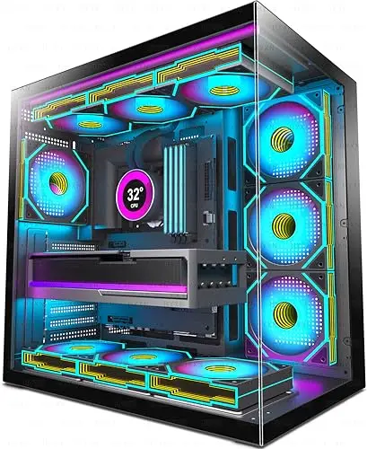 H1 Caja PC ATX – Preinstalado con 7 Ventiladores Infinity Mirror PWM ARGB, Doble cámara, Media Torre para Gaming, con Tipo C, instalación simultánea de 3 radiadores de 360 mm (Negro-M, H1)