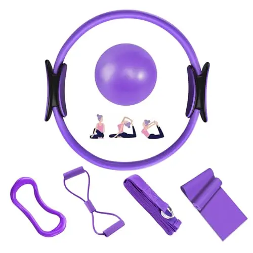 Set de Anillo de Pilates - 6 Piezas, Kit de Pilates en Casa, Círculo Mágico, Aro de Pilates, Pelota y Bandas Elásticas, Kit de Entrenamiento Accesorios para Ejercicios de Yoga