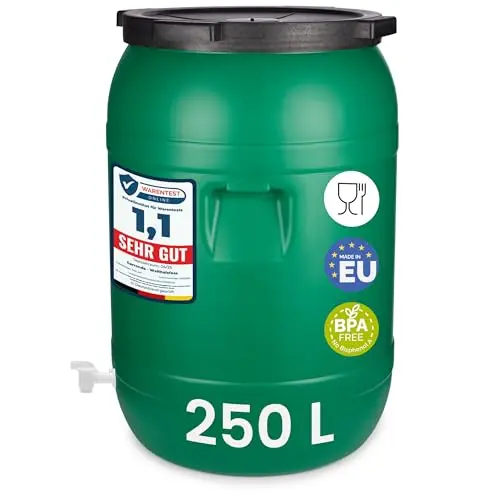Garronda 250 litros con Grifo Bidón de plástico, Barril alimentario en HDPE y sin BPA, depósito de Agua, Barril Universal de Boca Ancha, tonel de jardín, Contenedores de Almacenamiento GD-0142, Verde