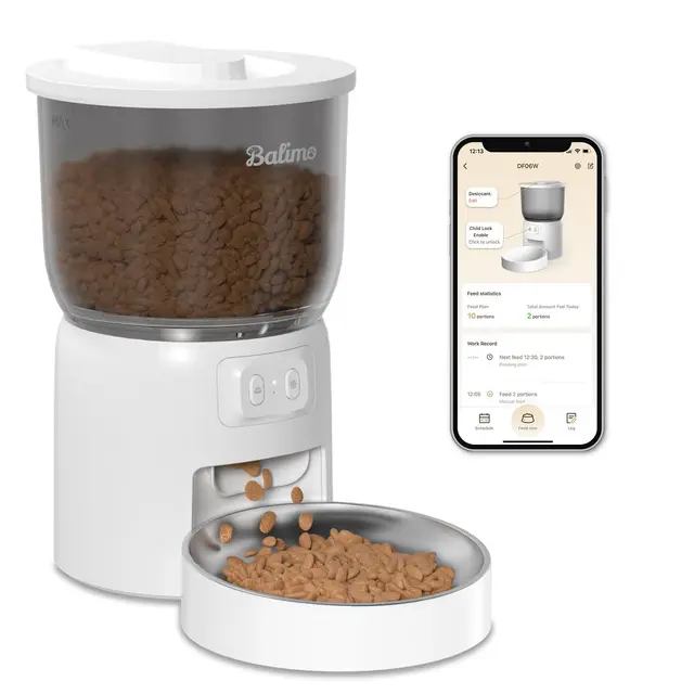 Balimo Comedero Gato Automatico 2.4G WiFi, 3L Dispensador Comida Gatos y Perros con Control de la Aplicación, 10 Comidas por Día, Cuenco de Acero Inoxidable, Blanco