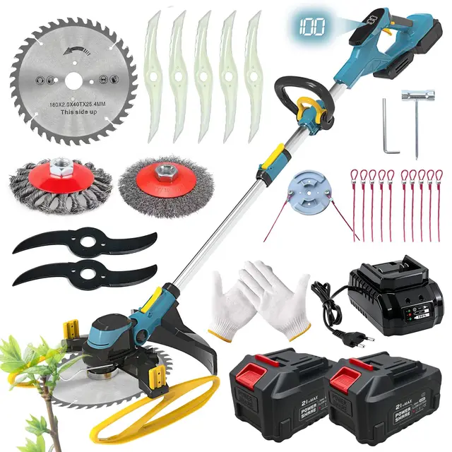 Desbrozadora Batería 21V, Desbrozadora Electrica Brushless 5 En 1 Cortabordes Bateria con 2 Baterías 4,0Ah, Cepillo de Malas Hierbas, Mango Ajustable, para Césped Jardín Poda (Naranja)