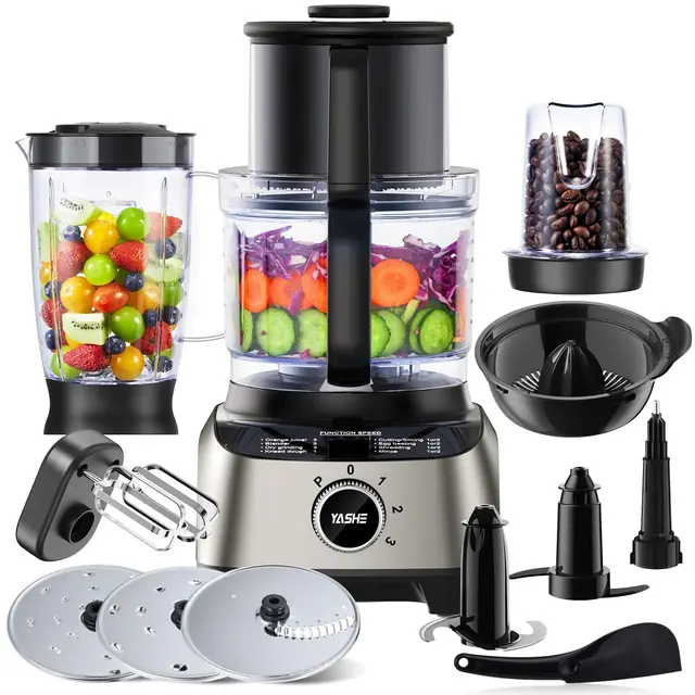 YASHE Procesador de Alimentos Multifuncional – Mezclador, Picadora, Exprimidor, Amasadora, Cortadora, Rebanadora y Ralladora, con Bol de 2,5L y Vaso Batidor de 1,5L, 3 Velocidades con Función Pulse