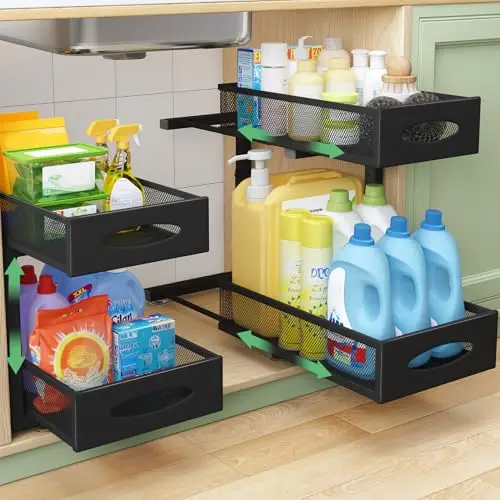 Kitstorack Organizador Bajo Fregadero de Metal - Estante con 2 Niveles y Cajones de Malla Deslizantes - Altura Ajustable Organizador Cocina para Cocina, Baño y Armario (Negro, 1 Unidad)