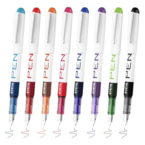EYEYE Bolígrafos de tinta negra, Paquete de 8 plumas estilográficas desechables para escribir, punta de acero inoxidable, 8 colores, punta extrafina