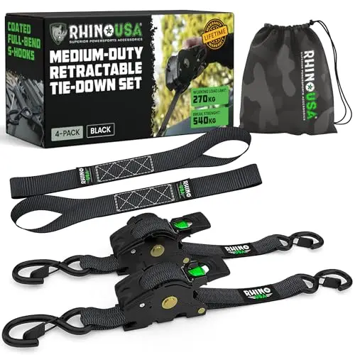 Rhino USA Correas de Carraca Retráctiles (Juego de 2) - 2.5cm x 3m (540kg de Resistencia a la Rotura) - Correas de Amarre Automáticas y Resistentes para Camión, Remolque, Moto, Bicicleta & Más - Negro