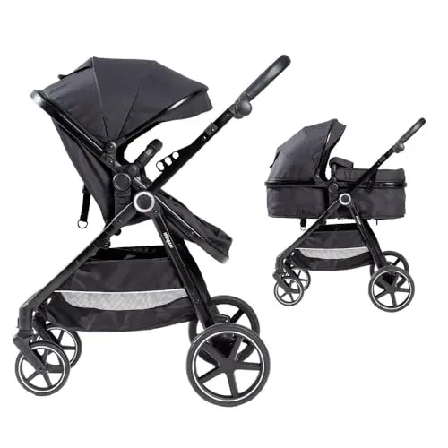 Carrito Bebé 2 en 1 Interbaby VERSA | Cochecito Bebé desde Nacimiento hasta 22 kg | Capazo Extra Grande + Silla de Paseo Reversible | Suspensión 4 Ruedas, Plegado Rápido | Carrito Recién Nacido Negro