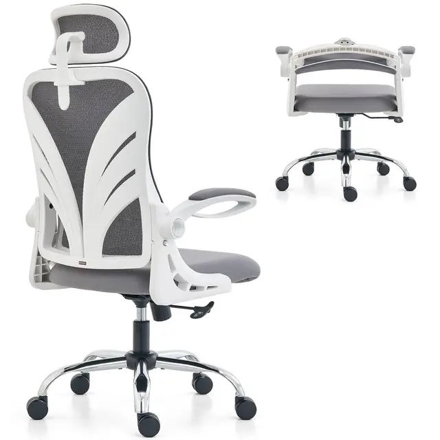 HOLLUDLE Silla de Oficina Ergonómica con Respaldo Plegable, con Reposabrazos, Reposacabezas 2D y Soporte Lumbar de Malla, Giratoria Ejecutiva para Computadora, Blanco