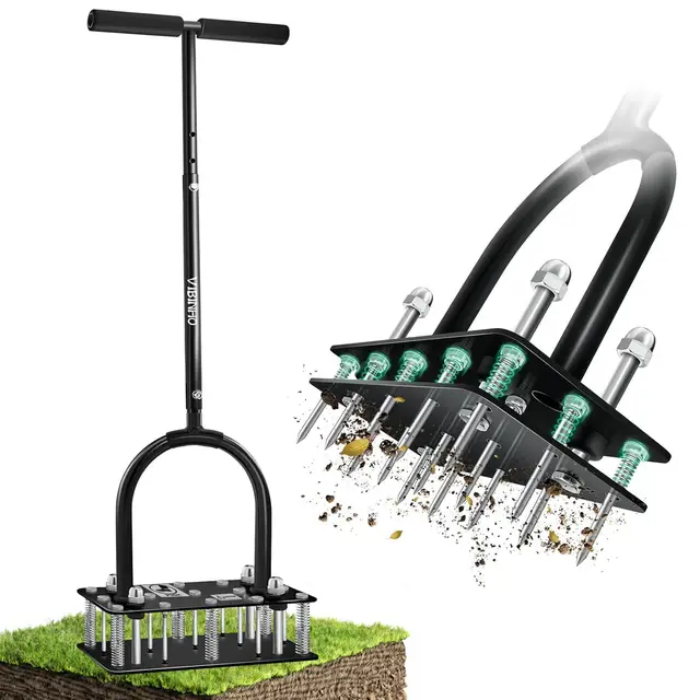 Aireador Cesped, Aireador de césped con 15 Púas de Hierro, Limpieza automática de Hojas y Suciedad, Escarificador Cesped Manual Ajustable en Altura para Cuidado del césped Patio Jardín
