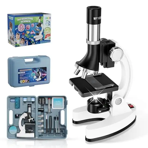 USCAMEL Microscopio Óptico 1200X para Niños - Kit Científico con Portaobjetos, Cuerpo Metal, LED y Maletín. Microscopio Compuesto Educativo - Regalo para Niños y Niñas